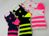 Women's Fluoro Neon Tri-Stripe and Polka Dot Print Crew Socks