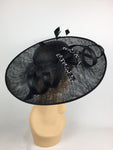 Scala Sinamay Beaded Wide Brim Fascinator Statement Hat Black