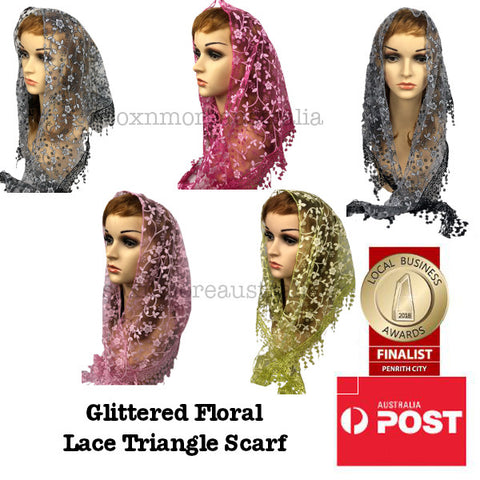 Women's Floral Glitter Triangle Lace Scarf Catholic Mass Veil