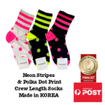 Women's Fluoro Neon Tri-Stripe and Polka Dot Print Crew Socks