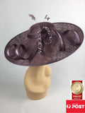 Scala Sinamay Beaded Wide Brim Fascinator Statement Hat Mauve Purple