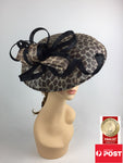 Scala Sinamay Leopard Print Wide Brim Fascinator Statement Hat