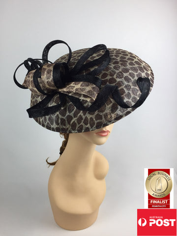 Scala Sinamay Leopard Print Wide Brim Fascinator Statement Hat